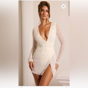 Embellished Wrap Over A-Line Mini Dress in Ivory